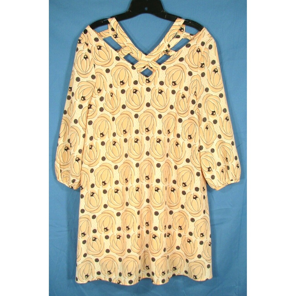 ENTRO Peach/Black FLORAL/DOTS Cutout Neckline LINED Crepe A-LINE MINI DRESS S